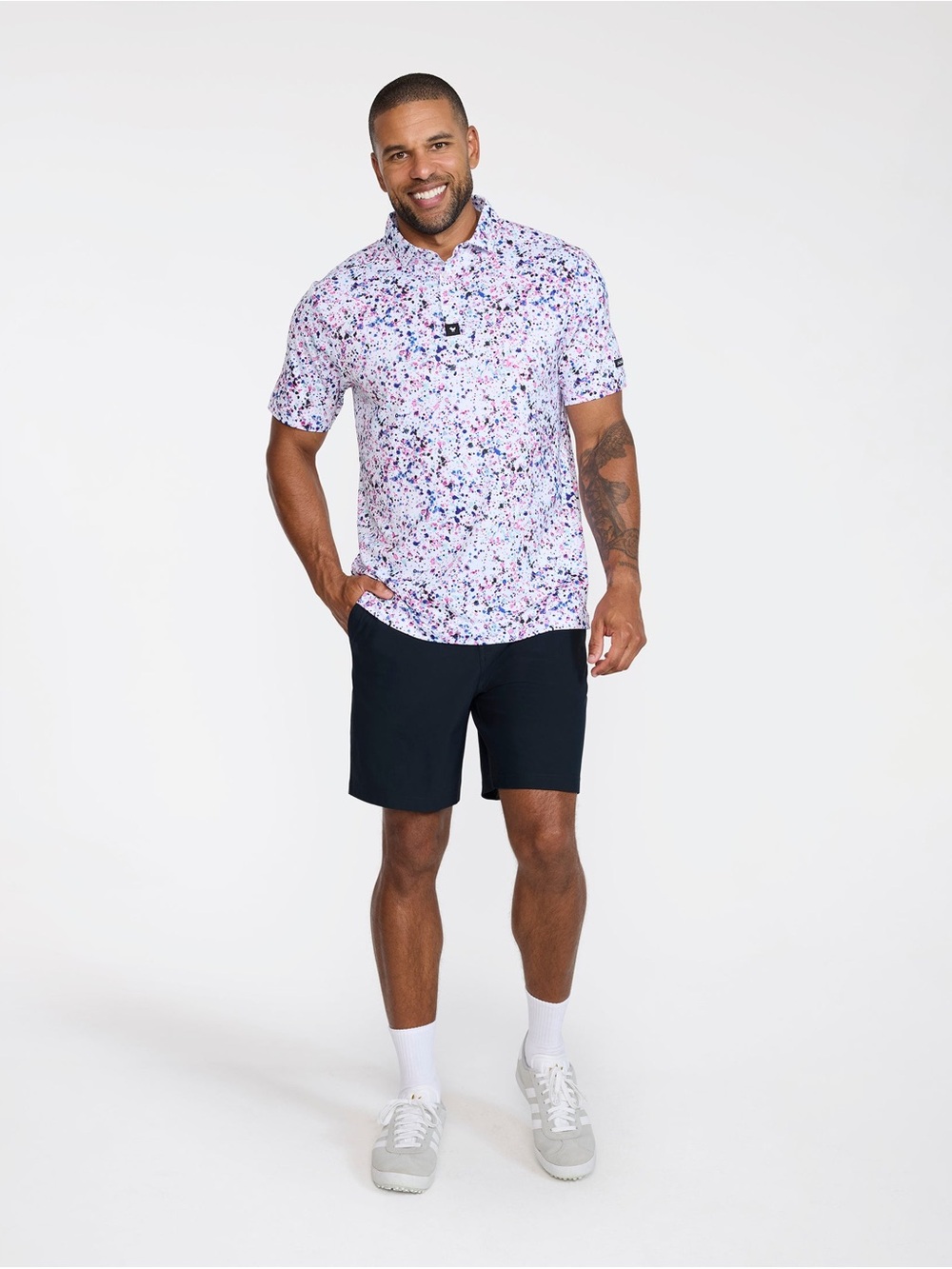 BAD BIRDIE “Splatter 3” Men's Floral Short-Sleeve Shirt - White/Pink/Blue